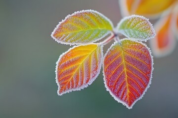 Frost-covered fall leaves displaying vibrant colors in early autumn