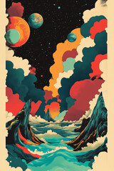 Design psych inspired by old rock posters with a nostalgic feel, vintage, warm-tones, turquoise, 1970s