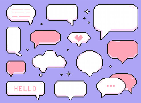 Pixel speech bubbles set. A set of pixel elements. 8-bit style illustration.