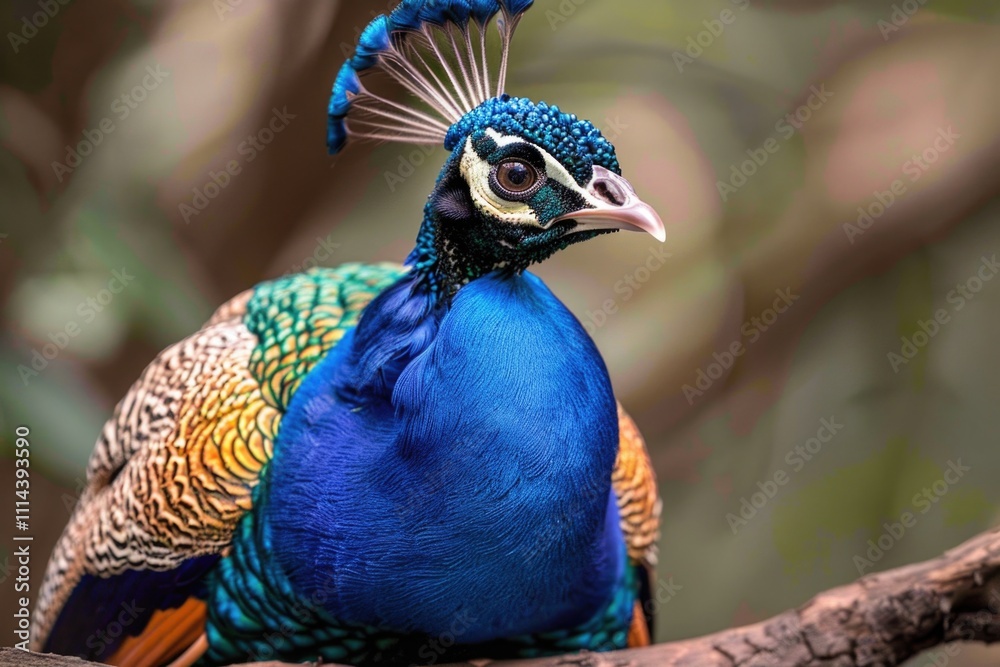 Poster a blue and green bird resting on a tree branch