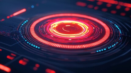 A glowing red and blue circular design with intricate lines and patterns, suggesting a futuristic digital interface or technology.
