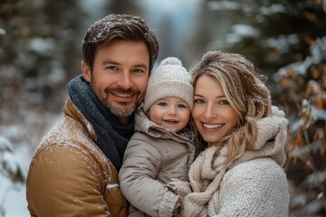 Obraz premium Family enjoys a snowy day outdoors, smiling together in a winter wonderland setting