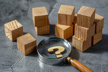 A magnifying glass examining wooden blocks with a question mark, useful for educational or problem-solving scenarios