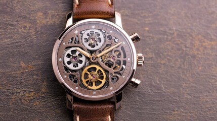 A detailed mechanical watch with a transparent face, featuring intricate gears and a brown leather strap.