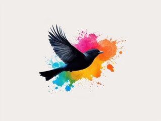 Fototapeta premium Ribcage tattoo of a bird in flight with watercolor splashes, emphasizing freedom