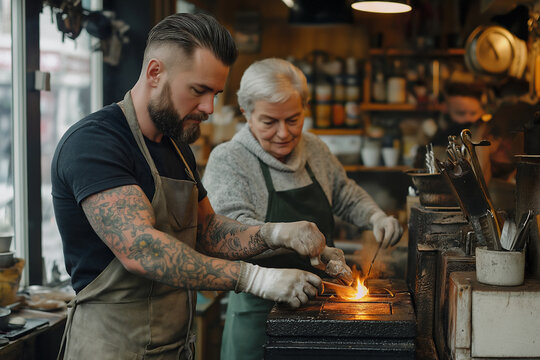 Skilled craftsmen at work in a traditional workshop creating metal art. Generative AI