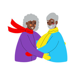 An elderly man and woman smile and hug. Two black pensioners hug each other. Happy relationships. Vector illustration on a white background.