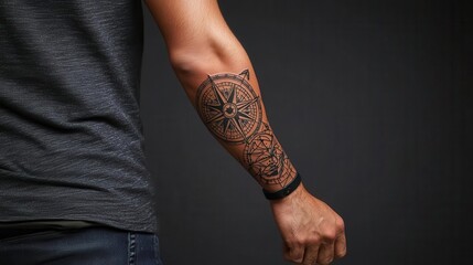 Halfsleeve tattoo of a geometric compass with intricate details and arrows