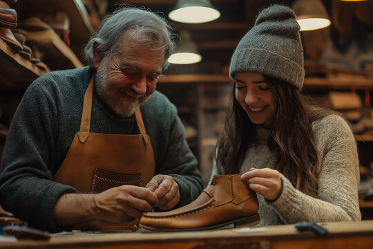 Craftsman teaches young woman shoe making in cozy workshop. Generative AI