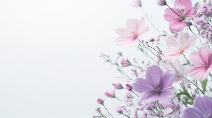 Fototapeta premium Delicate pink and purple cosmos flowers on white background.