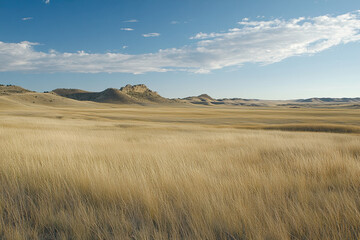 Fototapeta premium Prairie landscape with tall grasses swaying in the wind under a vast sky
