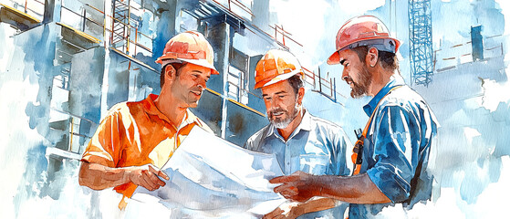 Construction workers collaborating on blueprints at building site urban setting professional environment overhead view, watercolor concept