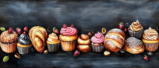 Delicious cupcakes and pastries display bakery food art colorful creative presentation gourmet treats
