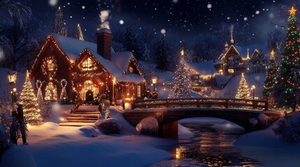 Beautiful merry Christmas themed festive night scene with snowfall, twinkling lights, and holiday decorations for a magical winter wonderland, perfect for new year and Christmas wallpaper
