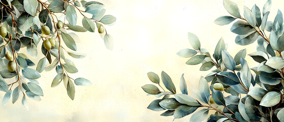 Botanical art display of olive leaves nature setting warm atmosphere, watercolor concept