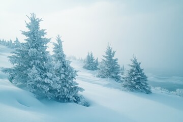 Obraz premium Snow-covered trees in a serene winter landscape with soft hues in the background