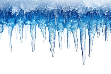 Icicles dripping from a frozen edge create a striking blue and white pattern on a winter day