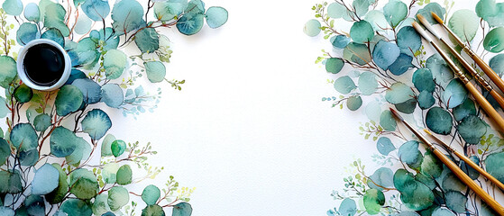 Creative watercolor painting setup with greenery isolate on white background
