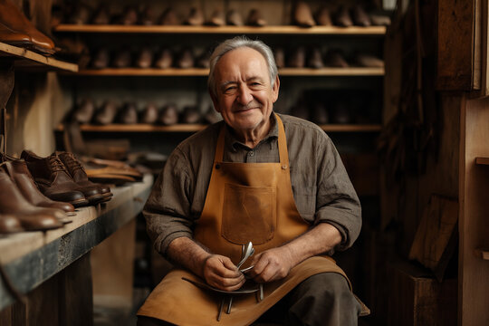 Skilled cobbler crafting handmade shoes in a cozy workshop. Generative AI