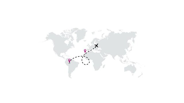 Airplane line path vector icon animation. World map with Travel on airplane maps has a simple animation background.