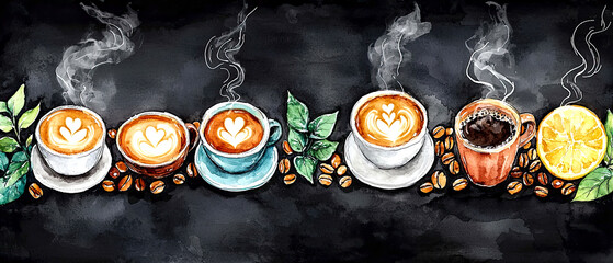 Colorful chalk drawing of coffee cups with leaves and coffee beans on dark background, advertising concept