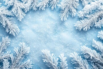 Winter frost covers evergreen branches against a soft blue background in a serene landscape