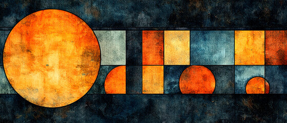 Abstract geometric art with circular forms and colorful blocks digital artwork modern design, watercolor concept