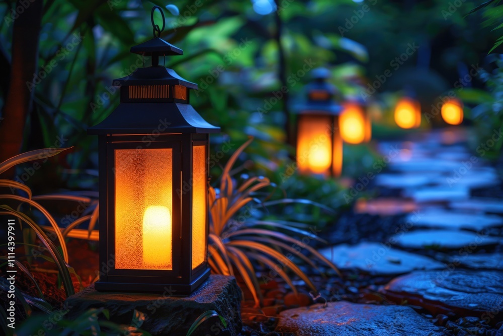 Poster group of lanterns placed on a stone walkway