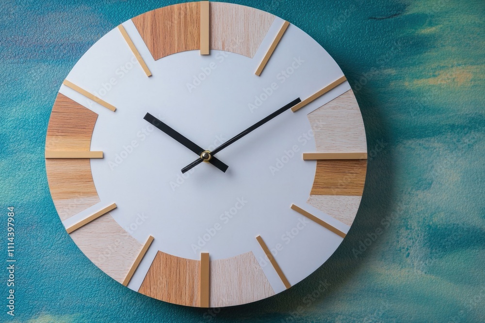 Poster a close-up of a clock face on a blue background, ideal for use in designs related to time, space, or