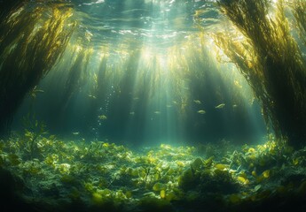Obraz premium Ethereal Underwater Scene with Sunlight Streams and Lush Green Seaweed in a Marine Environment as Colorful Fish Swim Gracefully Beneath the Surface