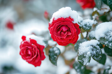 Beautiful red roses covered with snow in a winter landscape showcasing nature's contrast