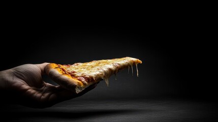 Fototapeta premium A slice of cheesy pizza is held in a hand, displaying its melty cheese and inviting crust against a dark backdrop, This image is perfect for food blogs, menus, and promotional material,