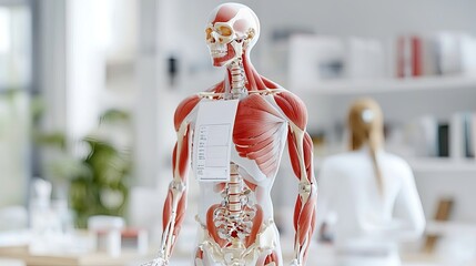 Response health warning concept. A detailed anatomical model showcasing human muscles and skeleton in a modern educational setting.
