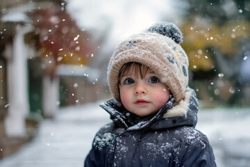 Child enjoying the snowfall in a winter wonderland surrounded by nature's beauty