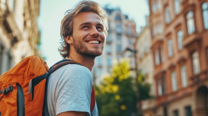 City, pride and man in portrait for travel, vacation holiday and adventure with smile in summer. Happy, male person and traveler with flare for weekend journey
