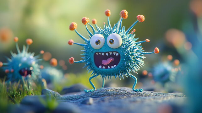 Colorful cartoon virus characters having fun in a whimsical garden environment