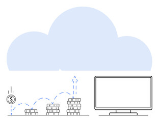 Computer screen, stack of coins increasing in value, and cloud backdrop. Ideal for finance, cloud computing, growth strategy, digital economy, online savings investment technology. Line metaphor