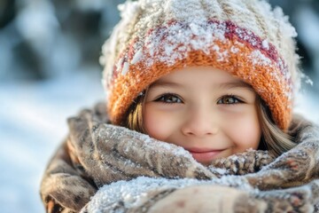 Joyful girl in winter attire smiling amidst falling snow in a serene snowy landscape