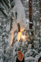A man holds a sparkling sparkler in a winter forest on Christmas Day