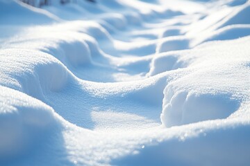 Freshly fallen snow blankets a serene winter pathway in a tranquil landscape