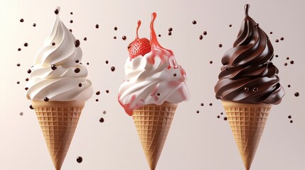 set of Chocolate, vanilla and strawberry splash of Ice cream cone flavor with clipping path, 3d, dessert, sweet, food, ice cream, delicious