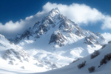 Obraz premium Majestic snowcapped mountains rise under a clear blue sky with fluffy clouds above