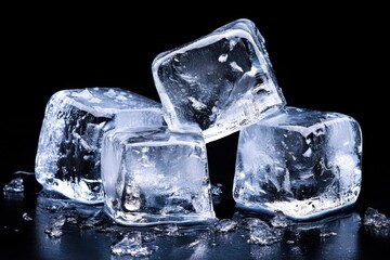 Obraz premium Ice cubes resting on a dark surface, with melting water creating a reflective effect