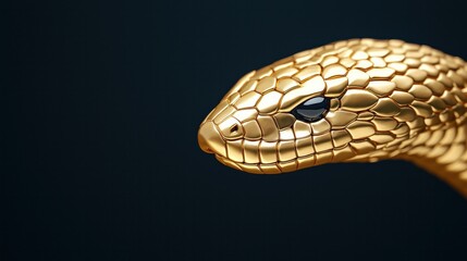 A close-up of a golden snake head, showcasing its scales and piercing black eye against a dark background.