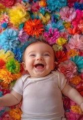 Fototapeta premium A cheerful scene of a baby surrounded by playful, vibrant colors in the background, evoking happiness and innocence.