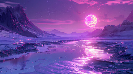 Enchanted Alien Desert Landscape with Glowing Purple Sands Under a Mystical Sky Highlighted by a Radiant Celestial Body Overlooking a Serene Waterway