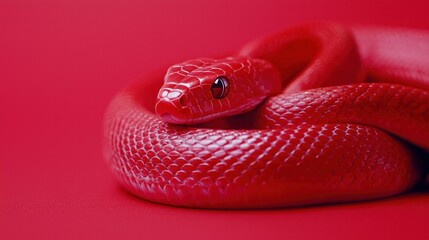 Fototapeta premium A vibrant red snake coiled gracefully against a matching red background, showcasing its smooth scales and striking features.