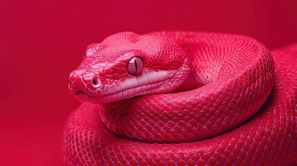 Obraz premium A vivid pink snake curled up against a bright red background, showcasing its unique coloration and intricate scales.