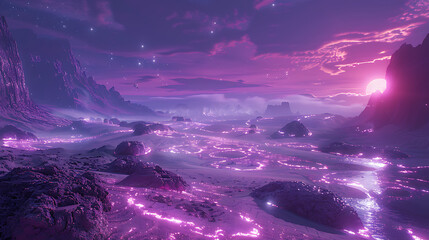 A Surreal Alien Desert Landscape Featuring Glowing Purple Sands and Majestic Mountains Under a Cosmic Sky During Sunset