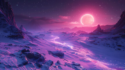 Ethereal Landscape of a Desert Planet with Glowing Purple Sands and a Radiant Celestial Body Illuminating the Night Sky